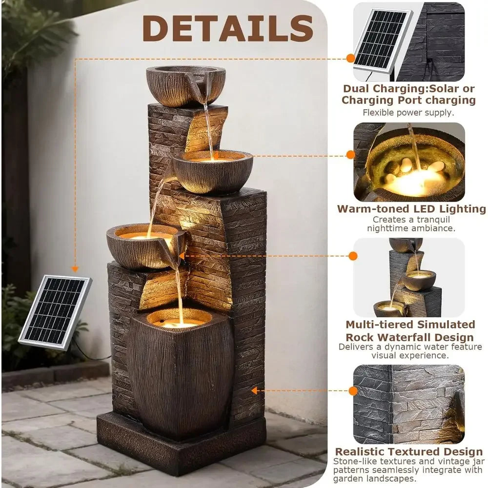 4-Tier Outdoor Water Fountain with Cascading Bowls, Stacked Stones, and LED Lights for Garden, Patio, Deck, and Backyard Decor