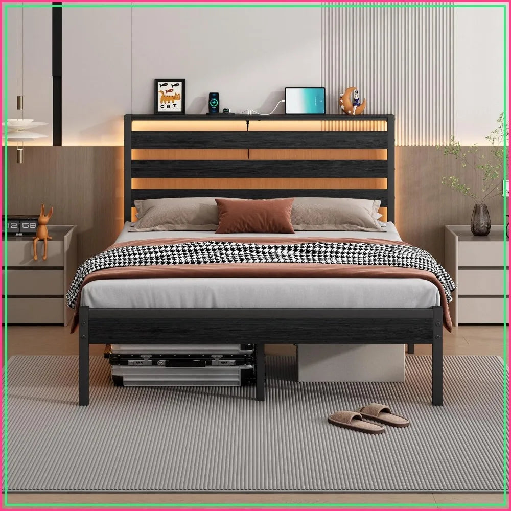 14 Inch Full Size Metal Platform Bed Frame with Headboard, LED & USB Charging, Steel Slats, No Box Spring Needed
