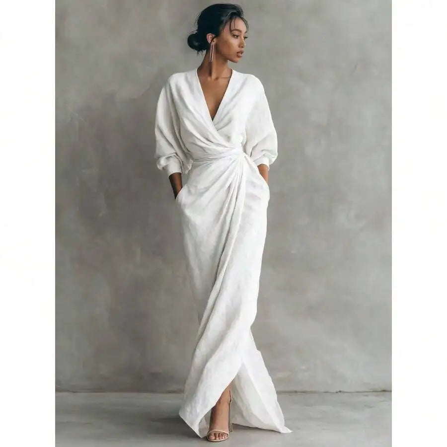 Elegant Solid Color V Neck Long Sleeve Wrap Midi Dress With Side Slit For Women