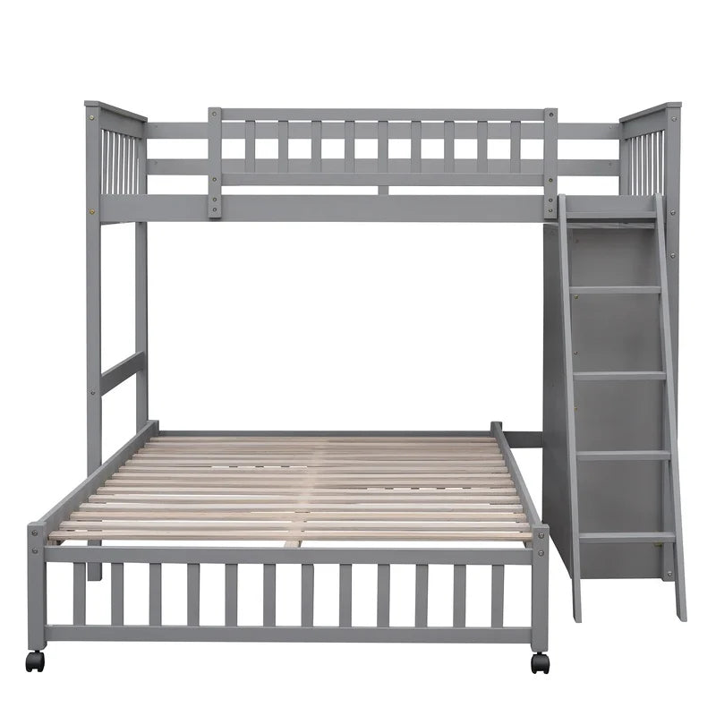 Gray Wooden Twin Over Full Bunk Bed with 6 Drawers and Adjustable Shelves, Bottom Bed on Wheels