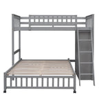 Gray Wooden Twin Over Full Bunk Bed with 6 Drawers and Adjustable Shelves, Bottom Bed on Wheels