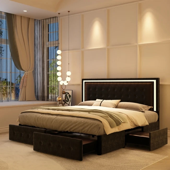 GEGOFORU Queen LED Bed Frame with 4 Storage Drawers, RGBW Headboard, PU Upholstered, No Box Spring Needed, 900 lbs Support