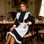 British Housekeeper Maid Costume Women Long Sleeve Button Black Dress White Ruffle Apron Vintage Maid Outfit Restaurant Cafe Uniform