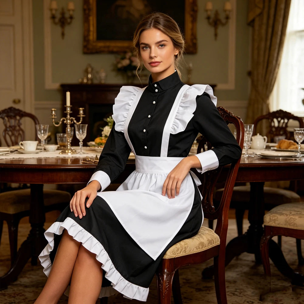 British Housekeeper Maid Costume Women Long Sleeve Button Black Dress White Ruffle Apron Vintage Maid Outfit Restaurant Cafe Uniform