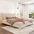 King Size Velvet Upholstered Platform Bed with Tall Headboard Slatted Frame Wingback Design Beige 180x200cm