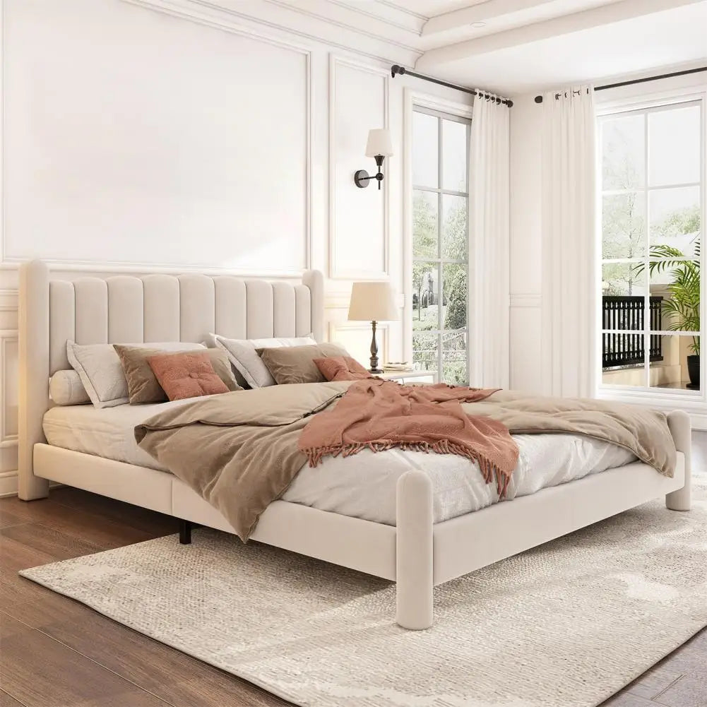 King Size Velvet Upholstered Platform Bed with Tall Headboard Slatted Frame Wingback Design Beige 180x200cm