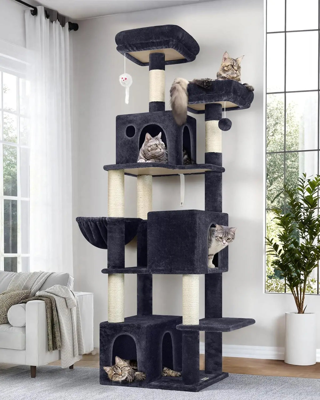 Indoor Use, Multi-Level Cat Tree in Dark Gray, with 3 Condos, Scratching Posts and Soft Extra Large Hanging Basket
