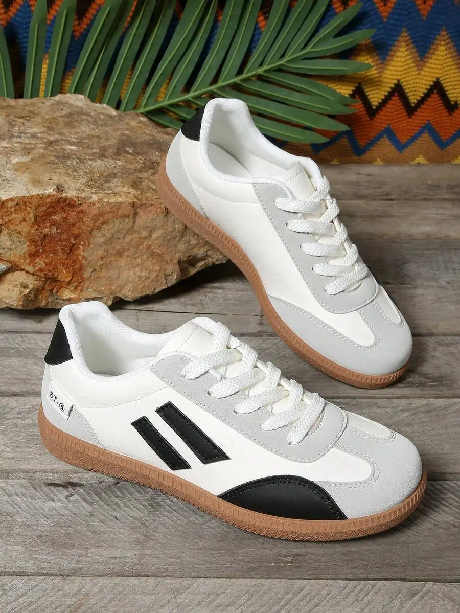 Womens Pink Casual Flat Sneakers With White Stripes Comfortable Lace-Up Shoes For Spring Summer