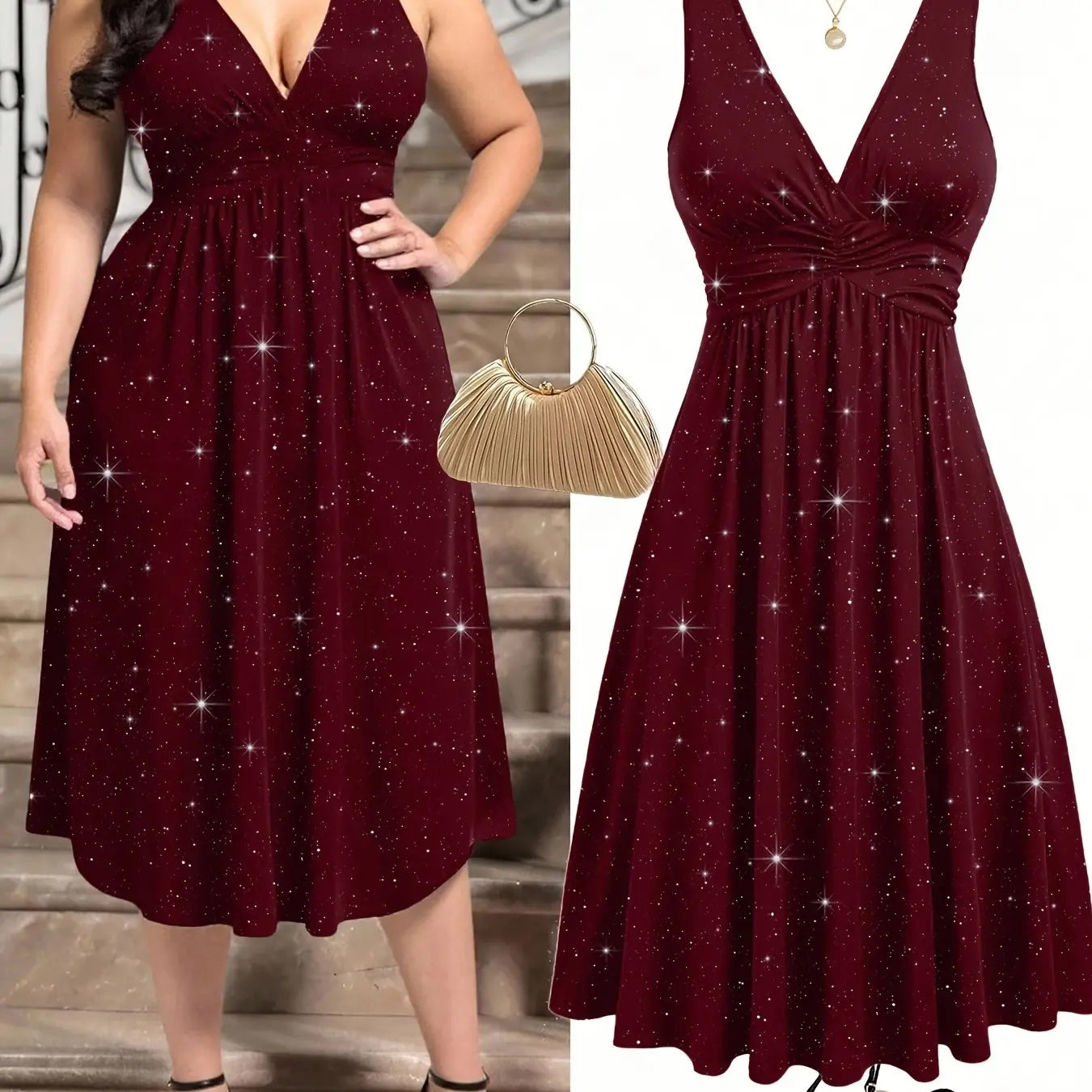 Plus Size - Plus Size - Plus Size Women'S Elegant Statement Shimmer V-Neck Ruched Waist Dress