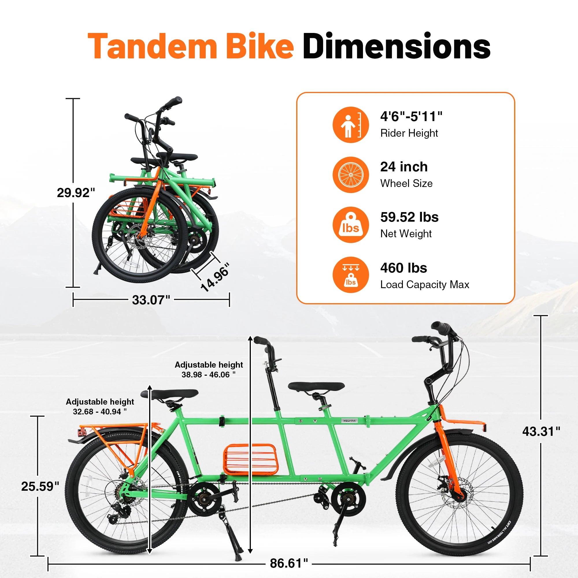 ZUKKA 24" Tandem Bike Double Rider Bicycle All Terrain Tire with Basket Rack for Couple Family Outdoor Cycling