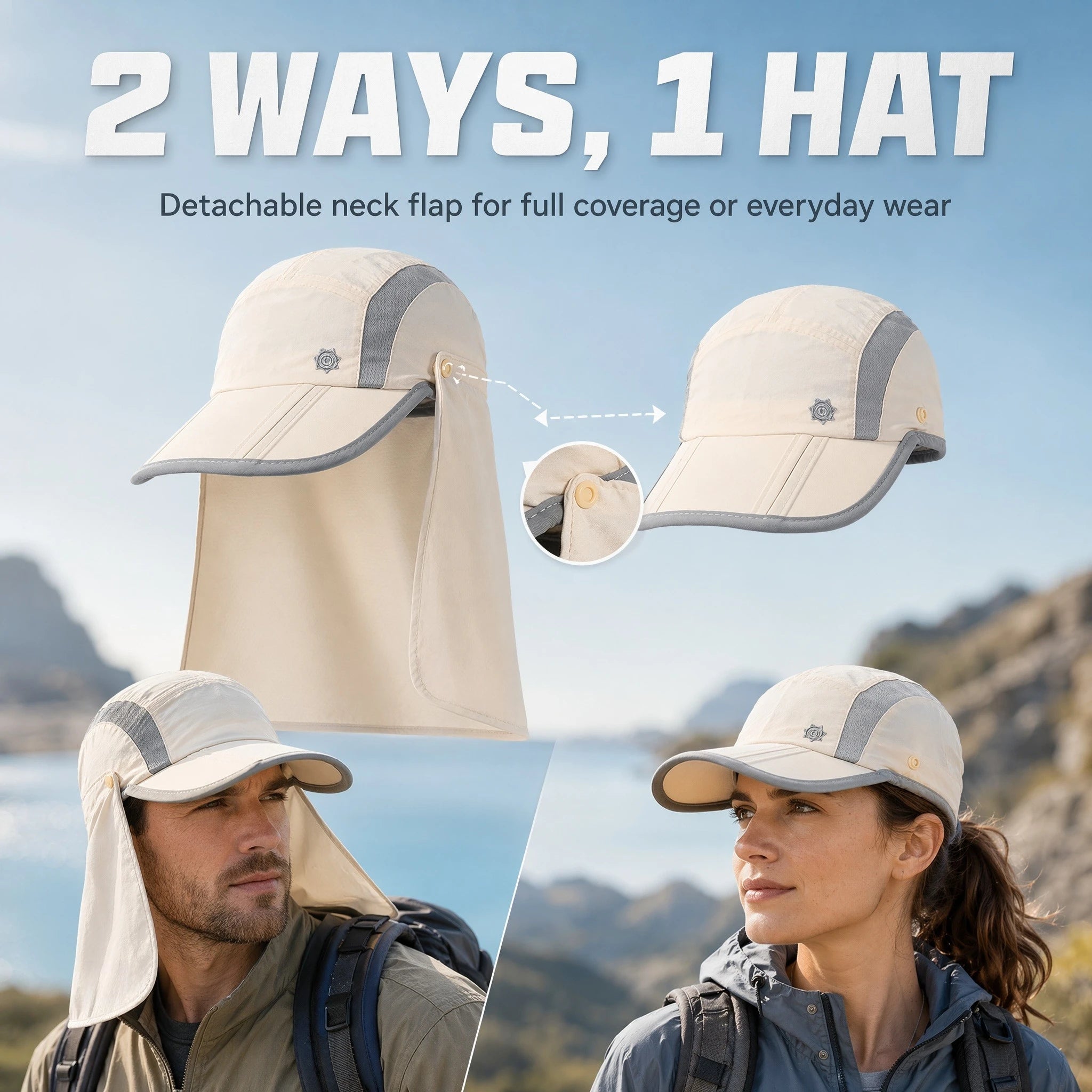 Quick Dry Breathable Sun Hat With Detachable Neck Flap Foldable UPF50+ UV Protection Wide Brim Fishing Baseball Cap For Travel Camping Cycling