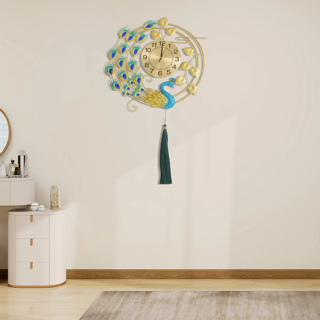 Luxury Large Peacock Wall Clock Silent Quartz Golden Blue Art Decor for Living Room Bedroom Office Unique Gift Home Kitchen Cafe Bar Resin Metal 58cm