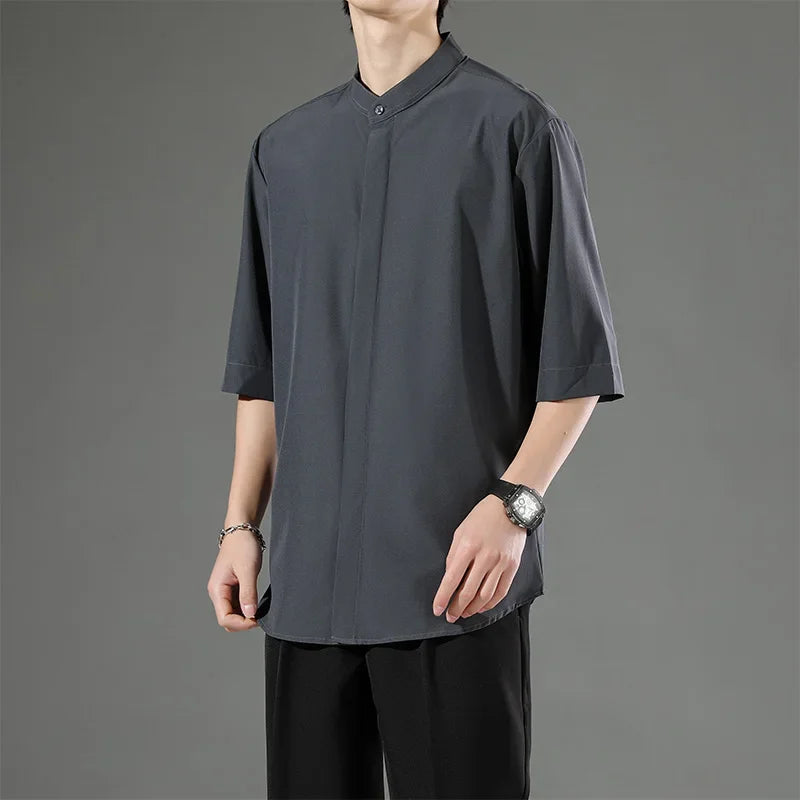 Japanese Stand Collar Non Iron Stretch Shirt Men Summer Loose Solid Short Sleeve Business Casual Daily Office Commute Wear Top Gift