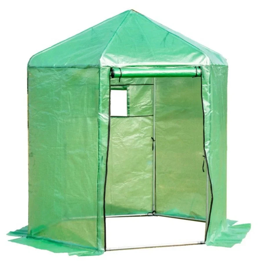 Walk-In Hexagonal Greenhouse for gardening use, PE cover and metal frame, green color, durable and weather-resistant