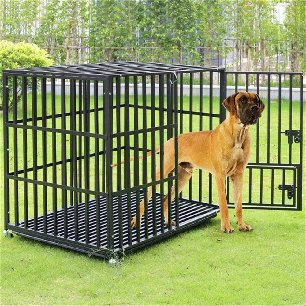 XXL XL Large Heavy Duty Dog Crate Strong Pet Cage Tear Resistant Square Tube Metal Kennel Playpen with Lockable Wheels and Tray