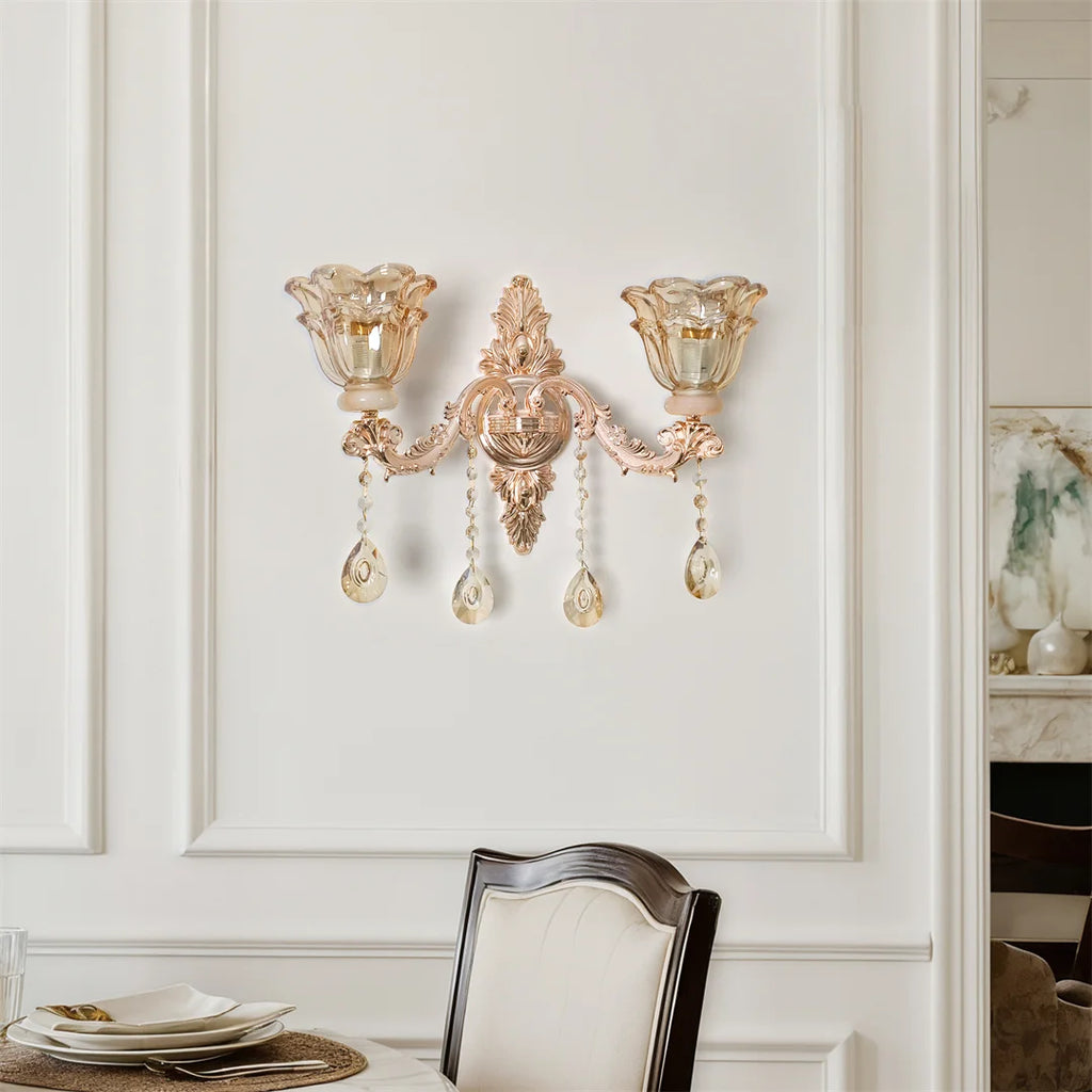 Luxury Gold Crystal Glass Wall Sconce with Flower Lampshade for Entrance Bedroom Hallway Decorative Lighting