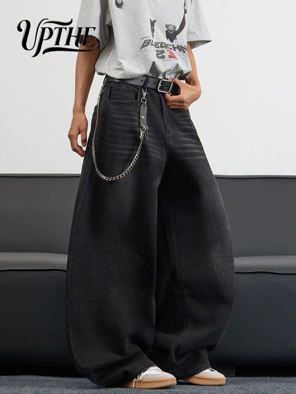 UP.THE Men's Black Baggy Wide Leg Jeans, Y2K Hip Hop Streetwear Denim Pants with Back Embroidery, Oversized Loose Skater Jeans for Street Activities