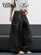 UP.THE Men's Black Baggy Wide Leg Jeans, Y2K Hip Hop Streetwear Denim Pants with Back Embroidery, Oversized Loose Skater Jeans for Street Activities