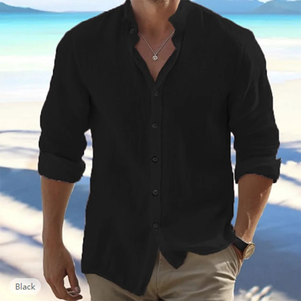Men Shirt Simple Beach Solid Color Stand Collar Long Sleeve Shirt Cotton Linen Breathable Plus Size Summer Daily Top