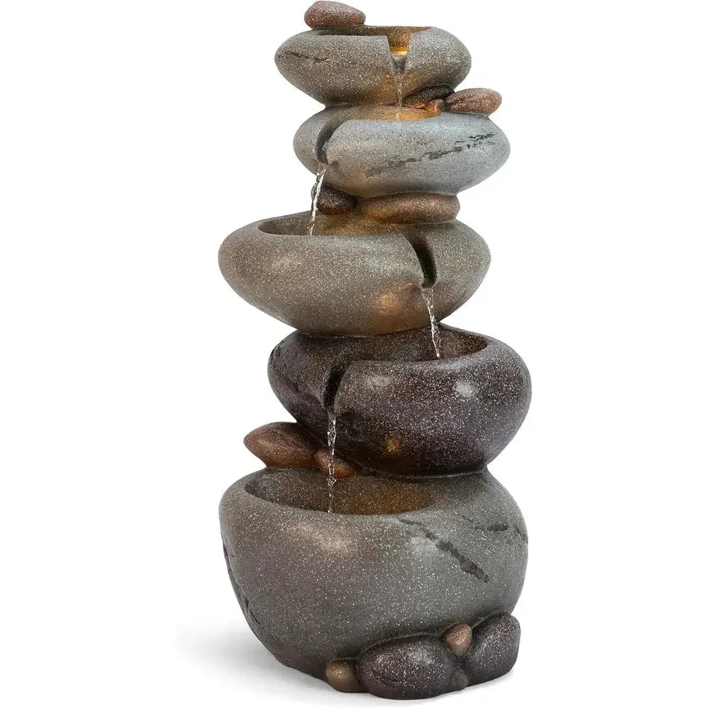 5-Tier Stacked Pebble Outdoor Water Feature with LED Lights and Pump, 24.5 Zen-Style Polyresin Fountain for Garden, Patio, Yard