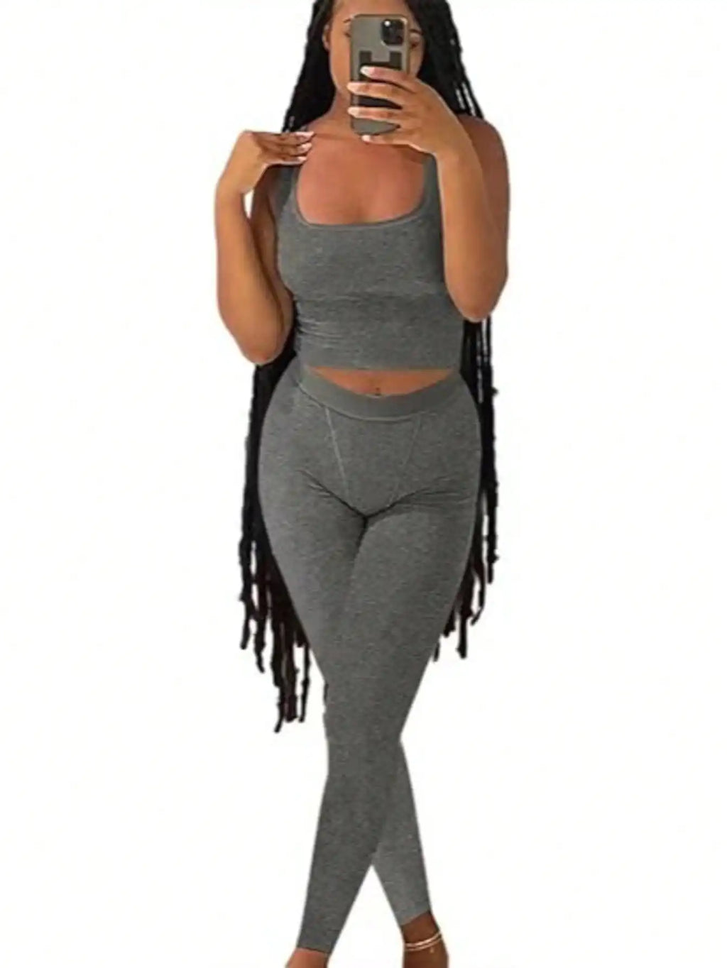 Women 2-Piece Activewear Set, ribbed crop tank top matched with high waist yoga leggings. Stretchy and skin-friendly fabric, snug fit, perfect for workout, yoga, gym training and daily casual leisure wear all day round