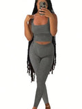 Women 2-Piece Activewear Set, ribbed crop tank top matched with high waist yoga leggings. Stretchy and skin-friendly fabric, snug fit, perfect for workout, yoga, gym training and daily casual leisure wear all day round