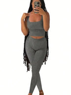 Women 2-Piece Activewear Set, ribbed crop tank top matched with high waist yoga leggings. Stretchy and skin-friendly fabric, snug fit, perfect for workout, yoga, gym training and daily casual leisure wear all day round