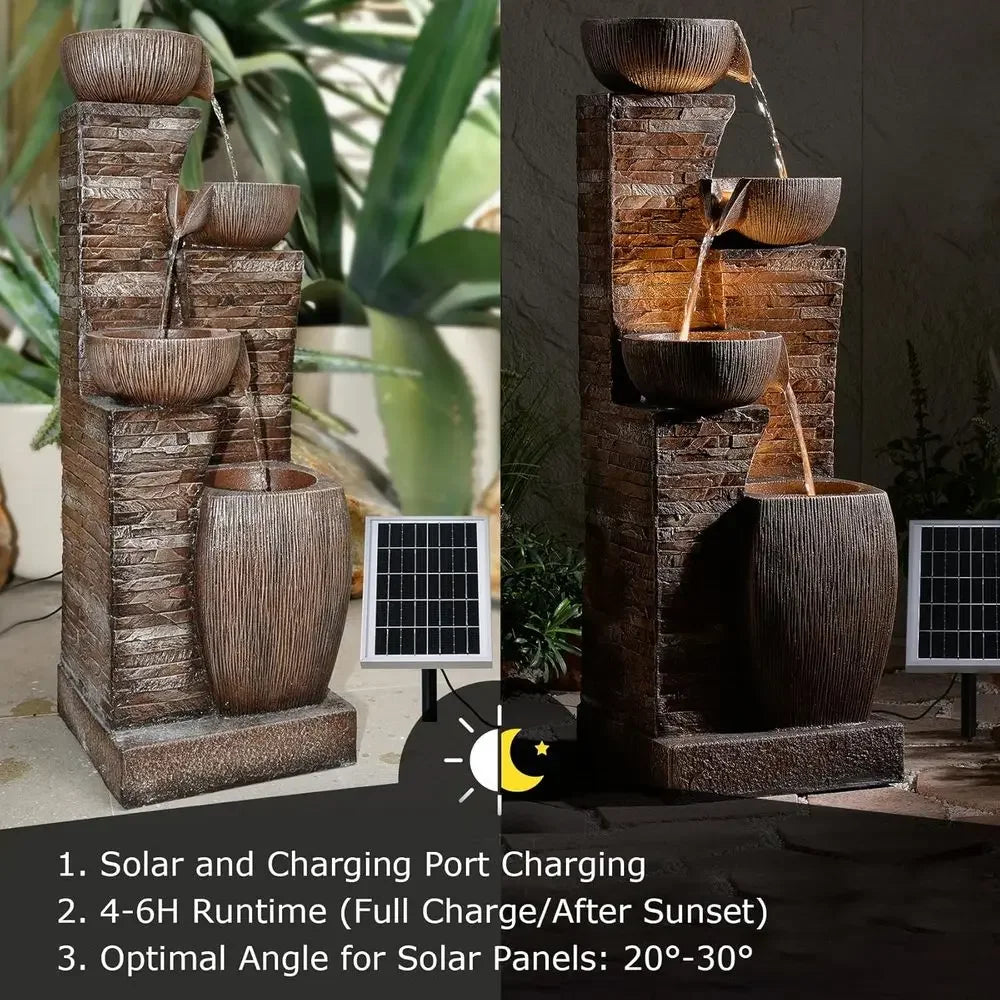 4-Tier Outdoor Water Fountain with Cascading Bowls, Stacked Stones, and LED Lights for Garden, Patio, Deck, and Backyard Decor