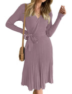 Womens Long Sleeve Wrap V Neck Ribbed Knit Pleated A-Line Sweater Dress With Belt