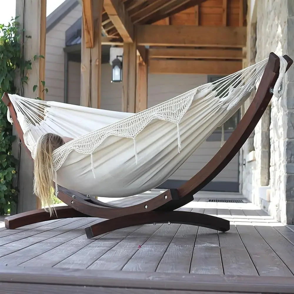 Durable Double Cotton Hammock with Pine Arc Stand - 450 lb Capacity, Complete with Hardware and Guide