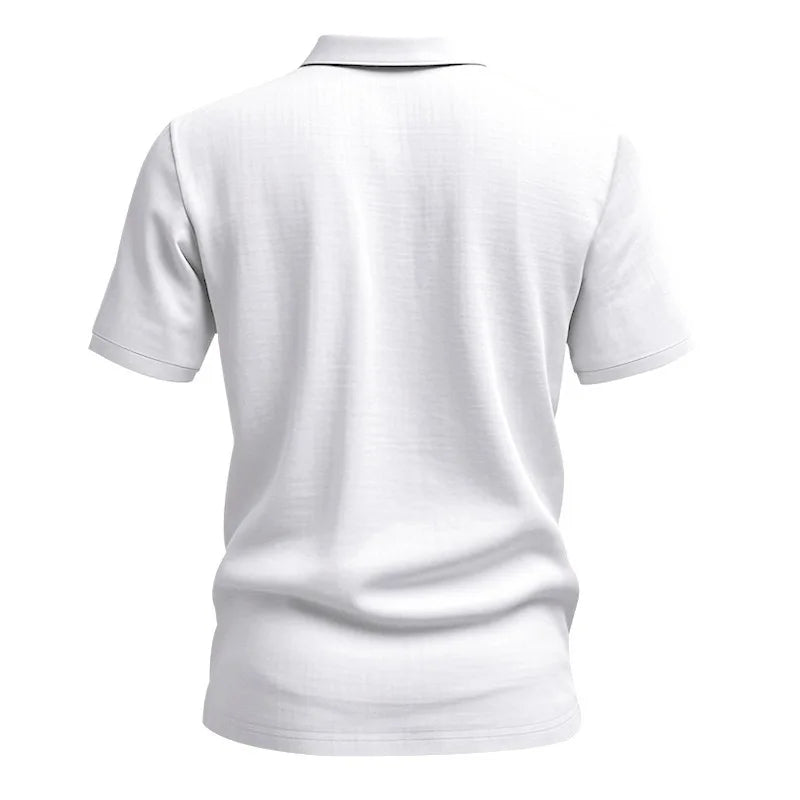 Men White Textured Linen Short Sleeve Polo Shirt Classic Lapel Collar 3 Wooden Buttons Loose Oversized Breathable Summer Beach Vacation Casual Holiday Top