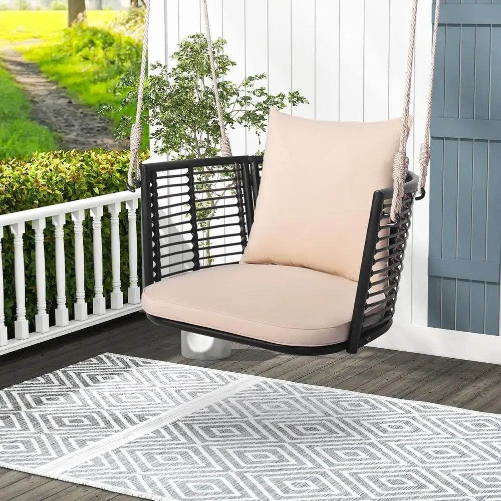 1-Person Outdoor Hanging Porch Swing with Cushions, Rattan Backrest, Metal Frame, 2 Ropes, Up to 400 lbs, Beige