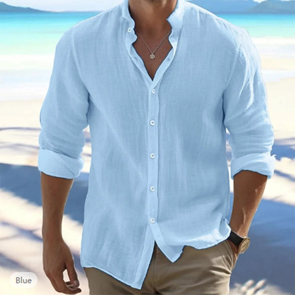 Men Shirt Simple Beach Solid Color Stand Collar Long Sleeve Shirt Cotton Linen Breathable Plus Size Summer Daily Top