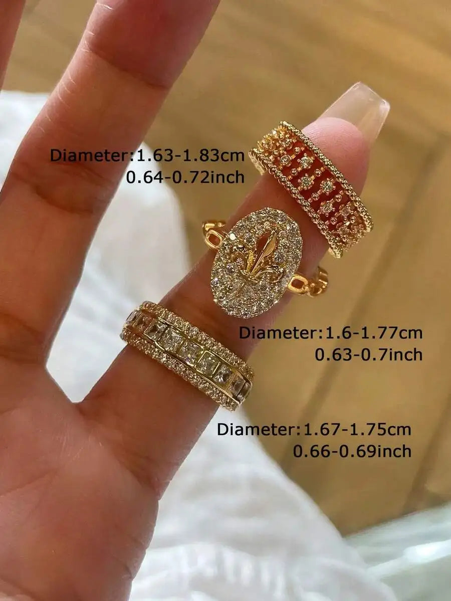 3Pcs Fashion Hollow Chain Open Copper Ring Set For Women, Inlaid Shiny Cubic Zirconia Finger Jewelry, Adjustable Stackable Rings, Elegant Accessory For Party Banquet Dating, Ideal Holiday Birthday Gift For Ladies