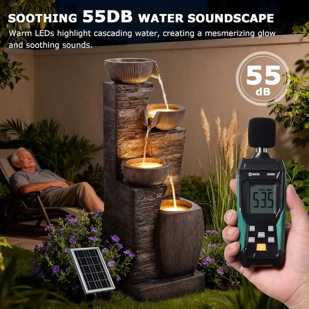 4-Tier Outdoor Water Fountain with Cascading Bowls, Stacked Stones, and LED Lights for Garden, Patio, Deck, and Backyard Decor