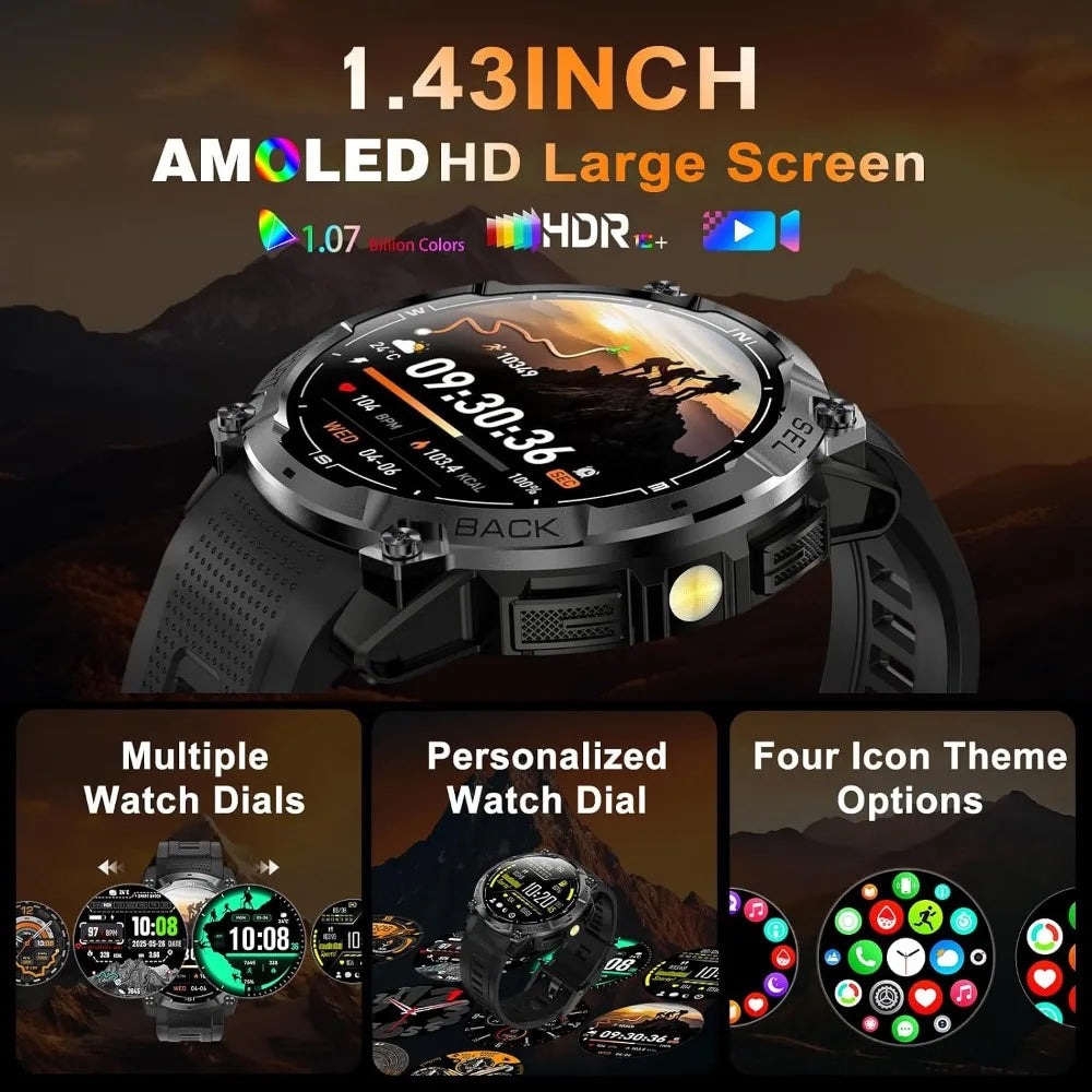 Military-Style Smartwatch for Men with GPS, AMOLED Display, Bluetooth Calling, and 170+ Sports Modes