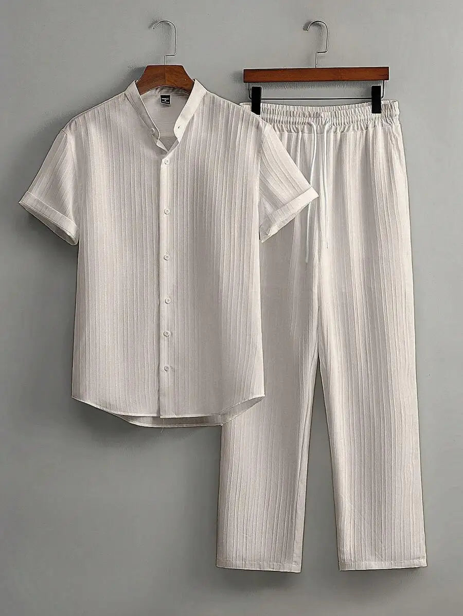 Mens Summer Solid Color Short Sleeve Stand Collar Shirt And Elastic Drawstring Pants Casual Co-ords Set