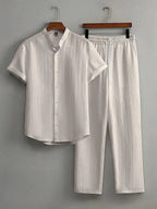 Mens Summer Solid Color Short Sleeve Stand Collar Shirt And Elastic Drawstring Pants Casual Co-ords Set