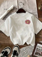 Oversized White Floral Graphic T-Shirt For Women Casual Loose Fit Summer Streetwear