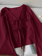 New loose and slimming versatile V-neck flared sleeves with lazy style and thin lace up cardigan jacket