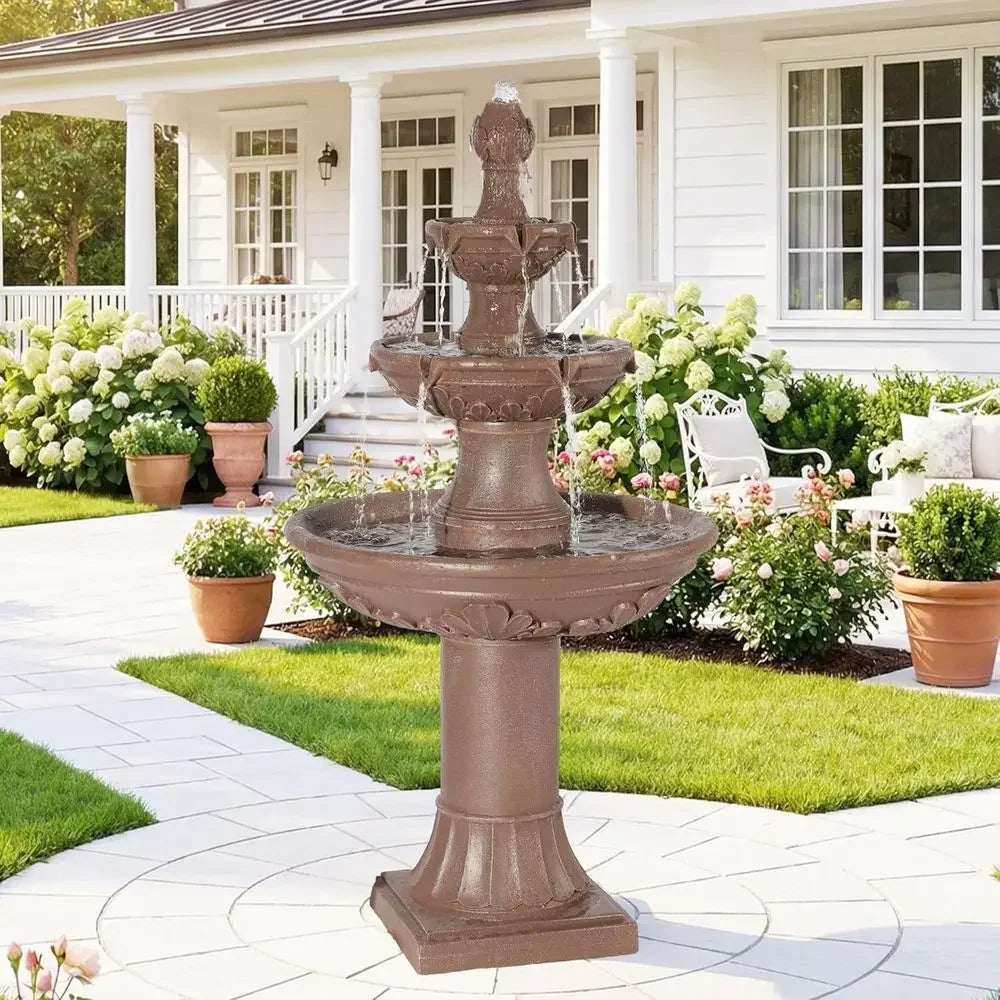 3-Tier Outdoor Waterfall Fountain with Pump and Leaf Carving for Garden, Patio, or Backyard (Brown)