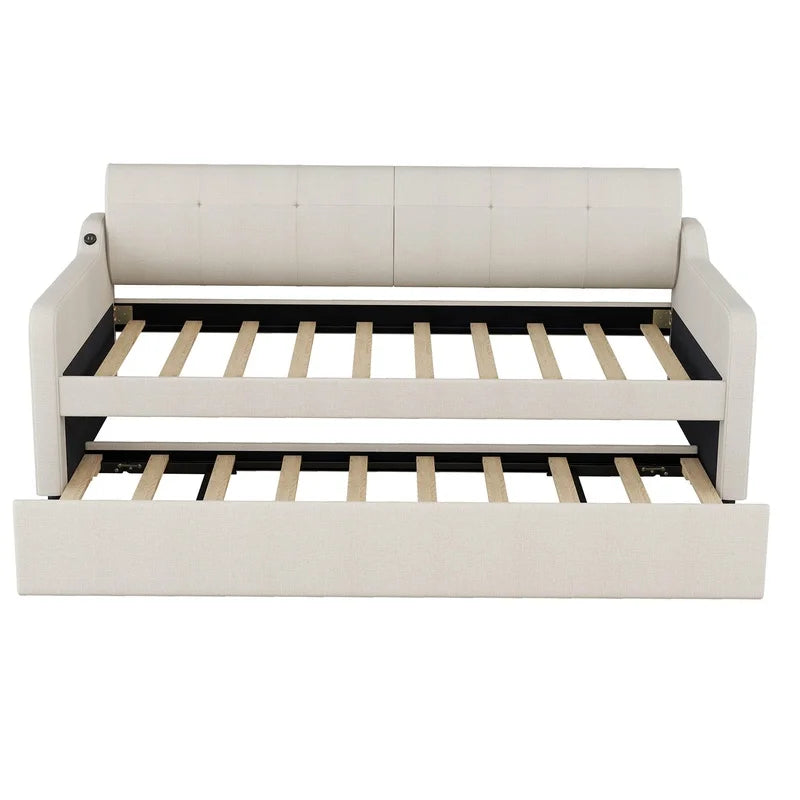 Beige Upholstered Daybed with Convertible Trundle and USB Charging Port