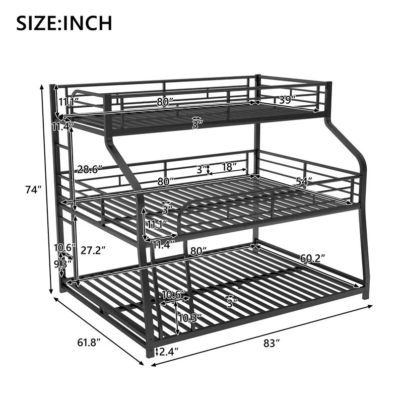 Black Twin XL Full XL Queen Triple Bunk Bed with Long Short Ladder and Full Guardrails
