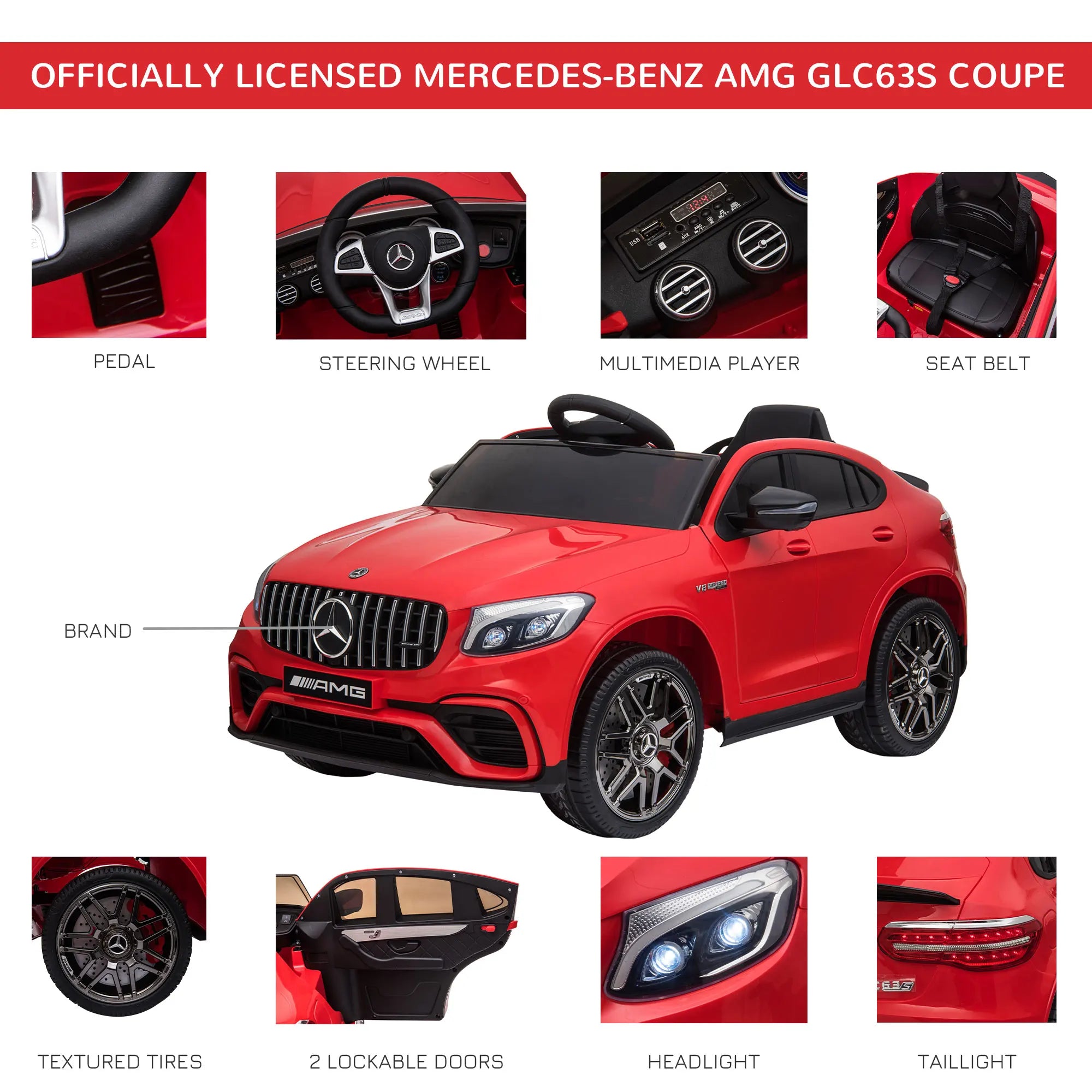 12V Kids Ride on Electric Car with Parent Remote Control Suspension LED Lights Music Player for Kids Red