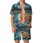 Mens White Short Sleeve Shirt And Shorts Set Casual Summer Outfit