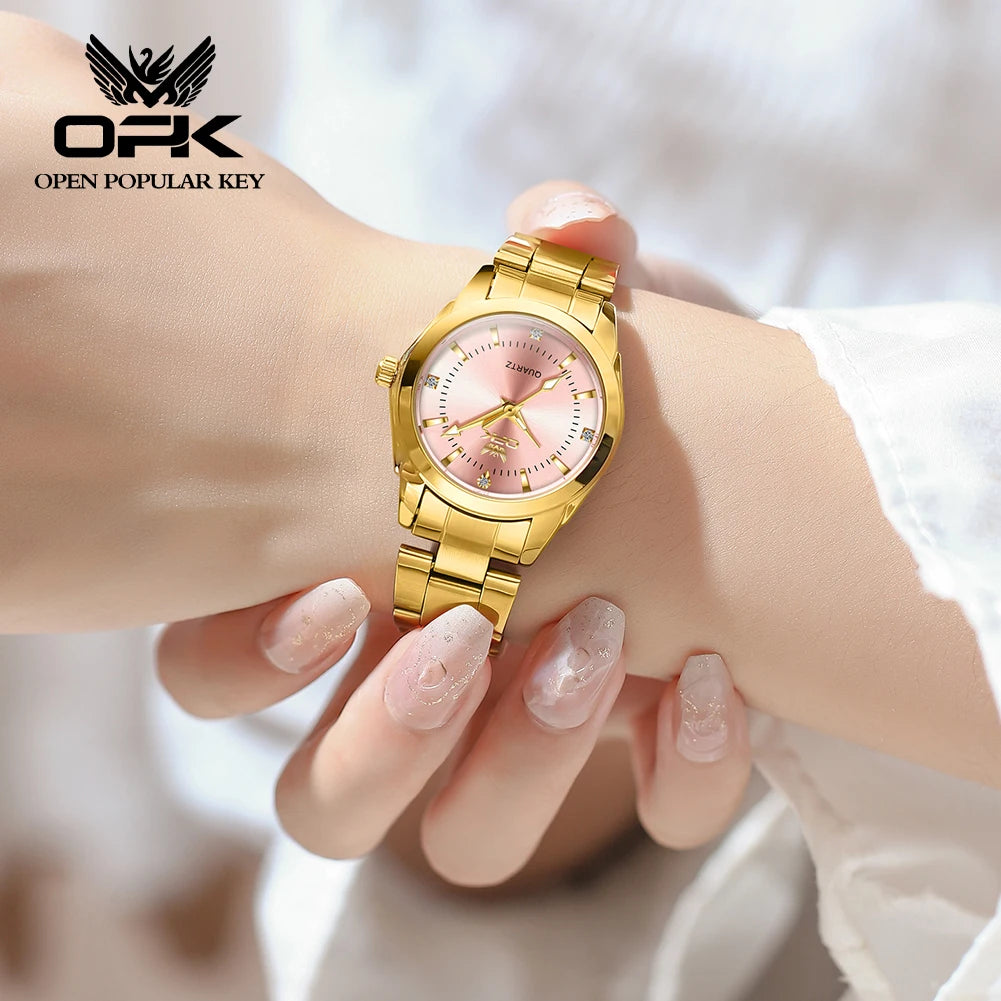 OPK 6002 Quartz Movement Elegance Watch For Women Chronograph Dial Stainless Steel Bracelet HD Luminous Function Life Waterproof Watch