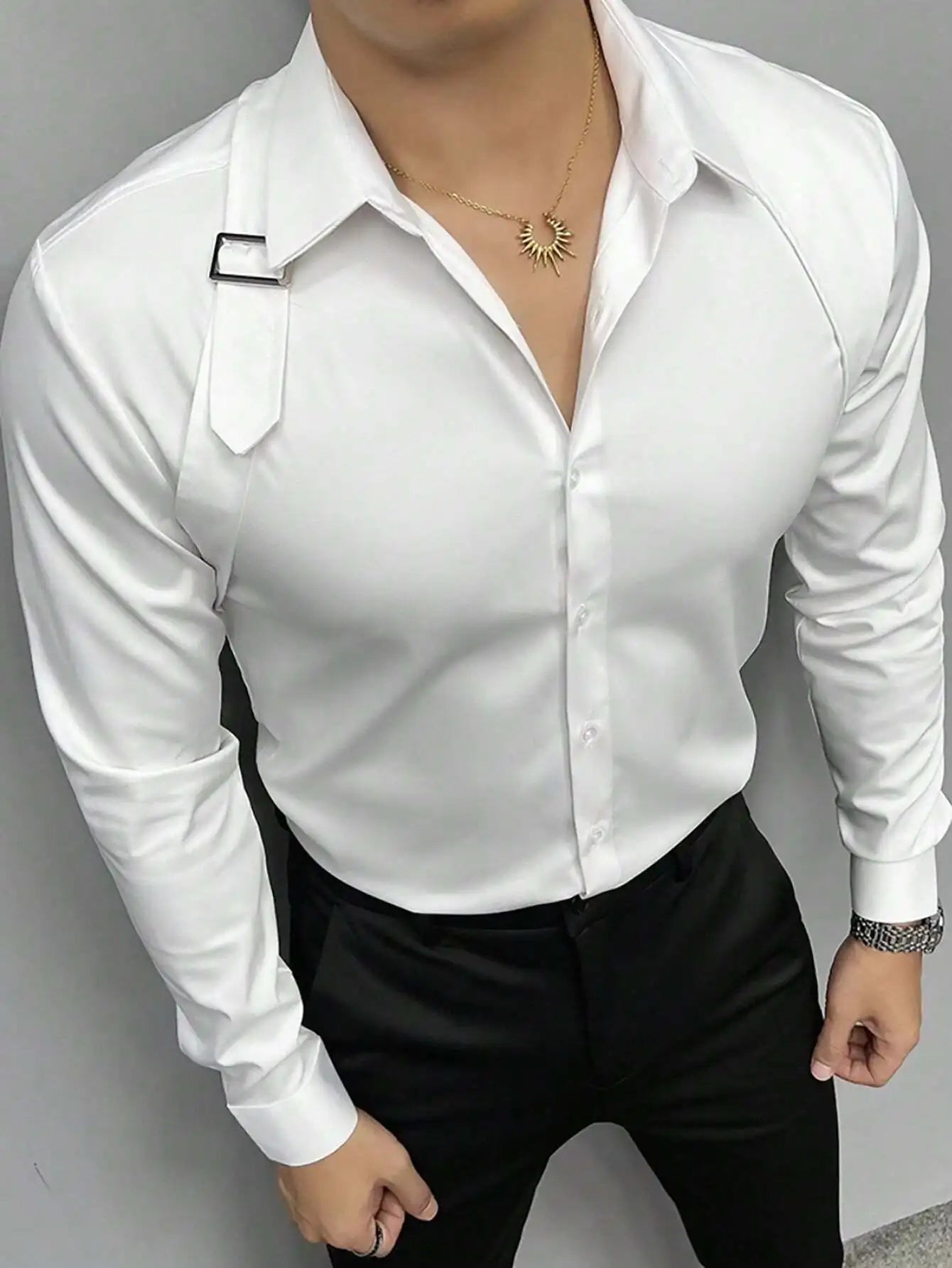 Men's Solid White Long Sleeve Shirt with Strap Detail, Slim Fit for Office or Casual Wear