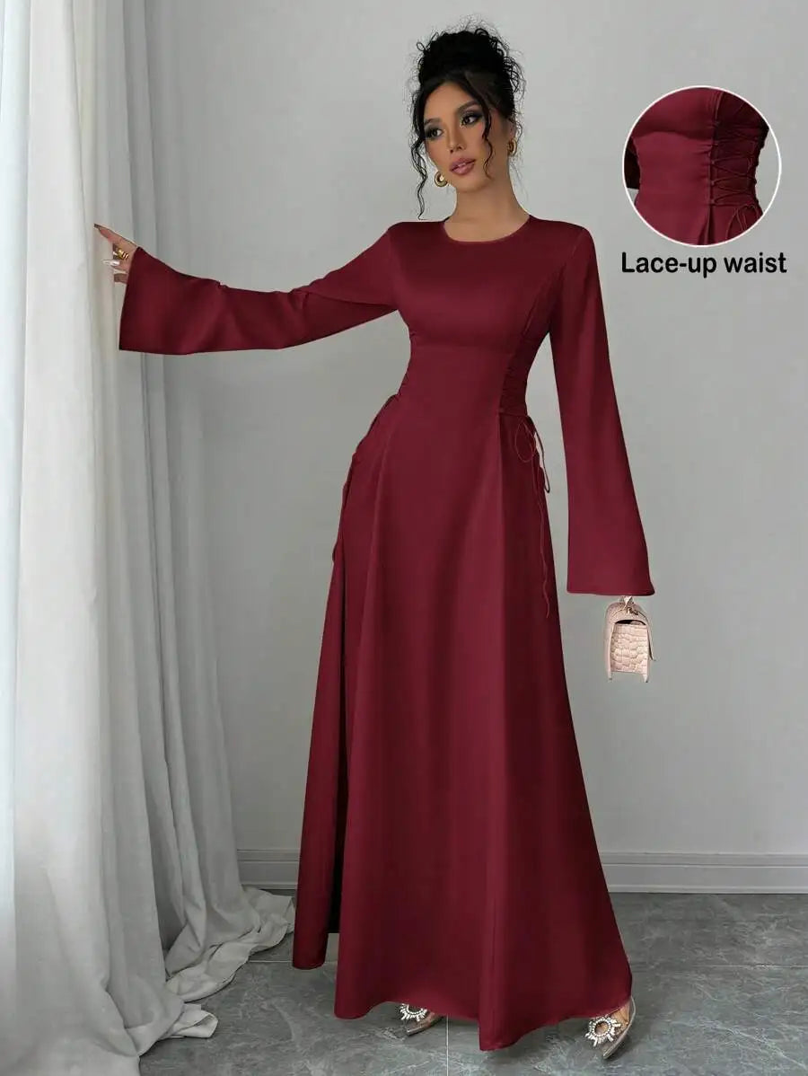Elegant Ivory A-Line Satin Maxi Dress With Cinched Waist And Flare Sleeves