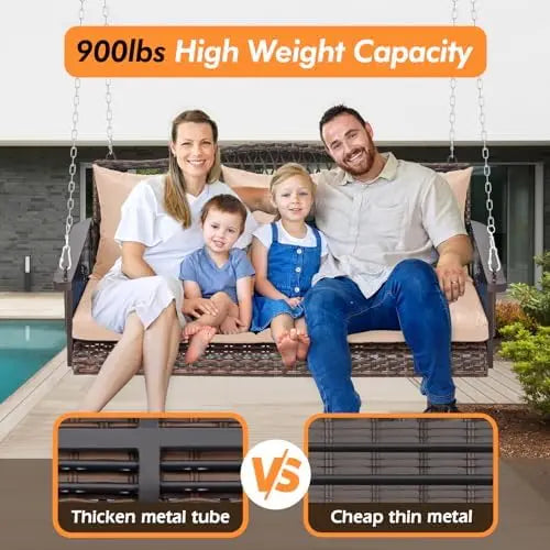 Upgraded Wicker Hanging Porch Swing Heavy Duty 900lbs 3-Seat Outdoor Patio Swing Chair Bench for Adult w/ 8.9ft Hanging