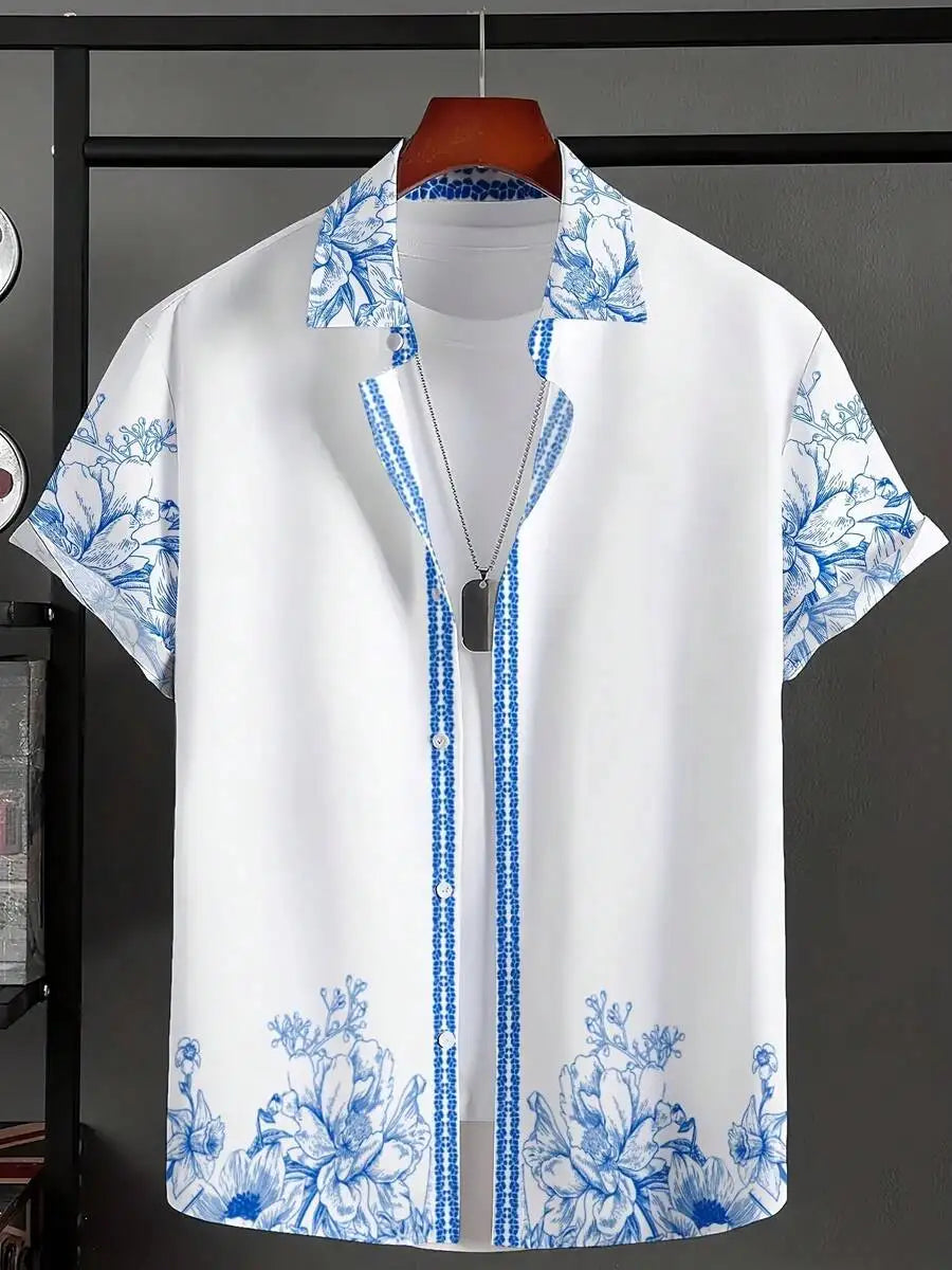 Mens White Hawaiian Shirt With Blue Floral Print Casual Short Sleeve Summer Beach Shirt